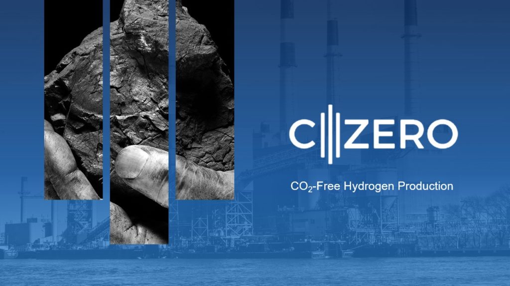 A pitch deck slide for blue-toned image featuring the text "CI ZERO" with a tagline "CO₂ Free Hydrogen Production." The left side showcases a close-up of coal texture split into vertical sections. The background depicts an industrial facility, likely LLC C-Zero, near water.