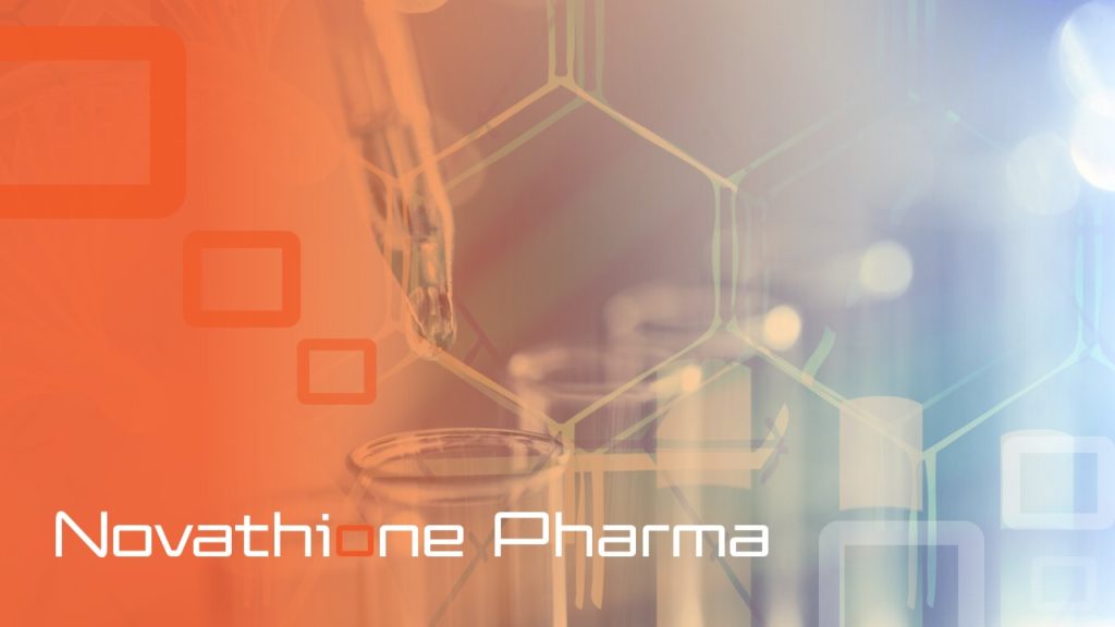 A pitch deck slide with a pipette dispenses liquid into a row of glass test tubes against a futuristic backdrop with geometric hexagonal patterns. The image features an orange and blue gradient overlay. The text "Novathione" is prominently displayed at the bottom left, emphasizing the innovative spirit of Novathione Pharma.