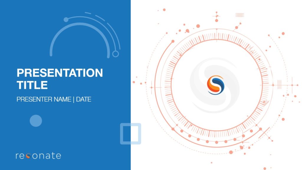 A pitch deck slide features a blue background on the left and a white background on the right. It includes sections for the "Presentation Title," "Presenter Name," and "Date." Circular and abstract orange-blue graphics adorn the right side, while "Resonate" is elegantly inscribed at the bottom left.
