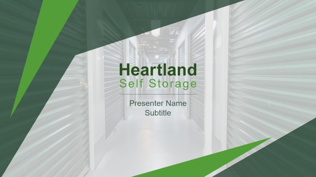 A pitch deck slide showing a promotional slide for "Heartland Self Storage." The background features a hallway with metal storage unit doors on either side. Green accents frame the text in the center, which reads "Heartland Self Storage," followed by "Presenter Name" and "Subtitle.