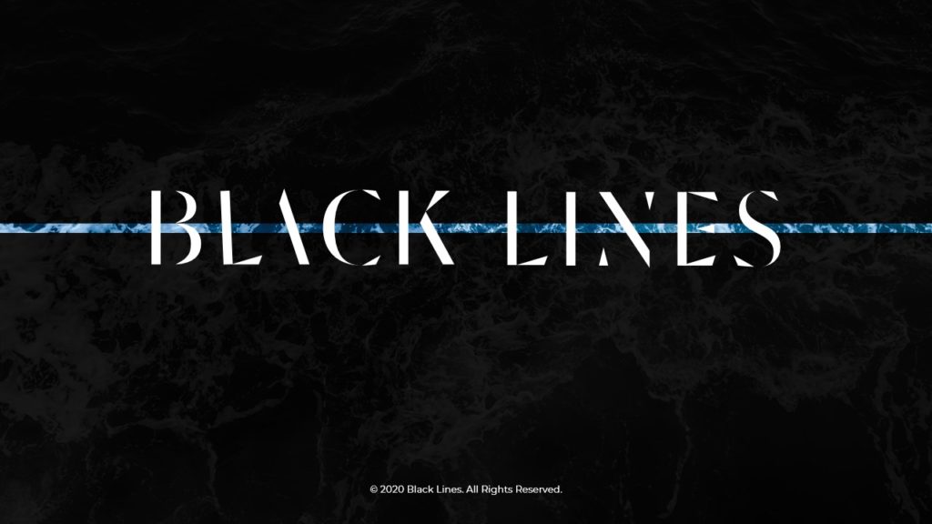 A pitch deck slide with a dark, wavy background with a thin, bright blue line dividing the screen horizontally. Over the line, bold, white capital letters read "BLACK LINES" in a modern, angular font. This sleek design embodies the essence of a Super Connector. At the bottom is a copyright notice: "© 2020 Black Lines. All Rights Reserved.