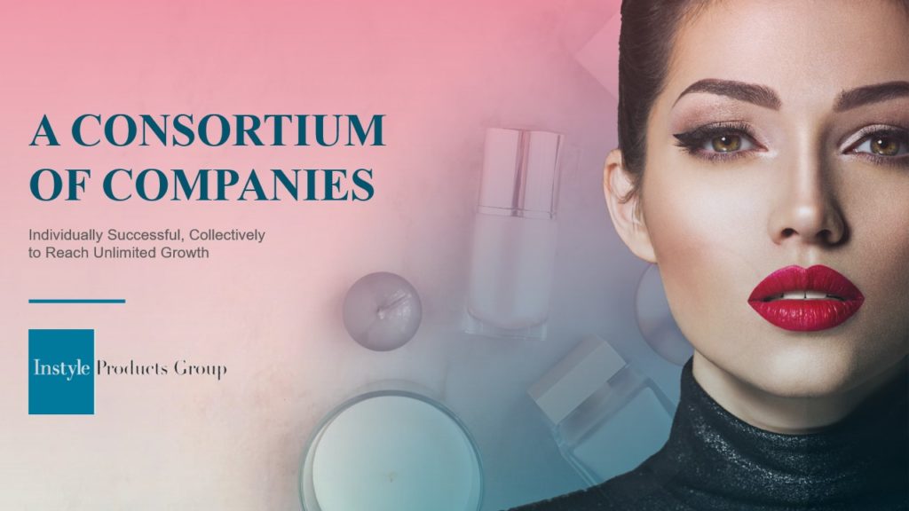 A pitch deck slide featuring a woman's face with bold makeup on the right. The left side includes the text "A Consortium of Companies: Individually Successful, Collectively to Reach Unlimited Growth" and the logo "Instyle Products Group." Fashionable elements in the background suggest a beauty theme.
