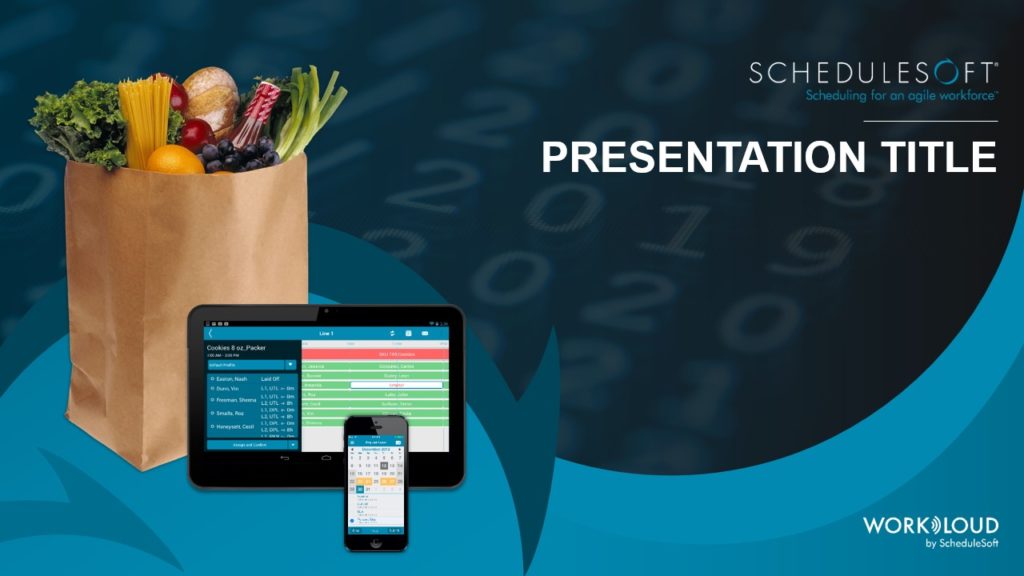 A pitch deck slide with the title "PRESENTATION TITLE" and the company name "ScheduleSoft" featuring a tablet and smartphone displaying ScheduleSoft's scheduling software. On the left, there's a paper bag filled with various groceries. The background has numbers and a blue overlay.