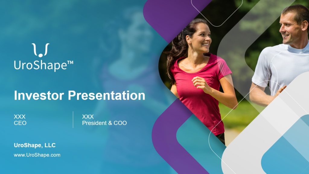 A pitch deck slide from UroShape's investor presentation features the company's logo along with titles for the CEO and President & COO. To the right, a man and woman jog outdoors, smiling, framed by dynamic overlapping shapes. UroShape's website URL is also prominently displayed.