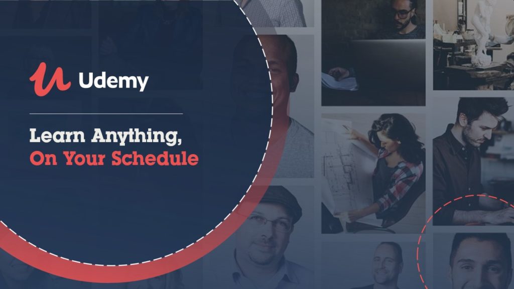 A pitch deck slide for Udemy. The left half features a dark blue background with the Udemy logo and the text "Learn Anything, On Your Schedule" in white and red. The right half showcases a collage of diverse people engaged in various activities, highlighting the power of online courses and e-learning.
