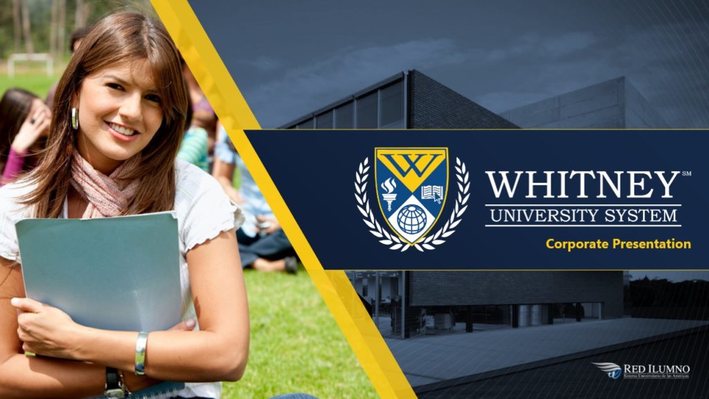 A Pitch Deck slide with a Smiling student holding books, sitting outdoors with a building in the background. Banner text reads "Whitney University System" with a shield logo, accompanied by the subtitle "Corporate Presentation." The logo for "Red Illumno" is in the lower right corner, blending academia and real estate excellence.