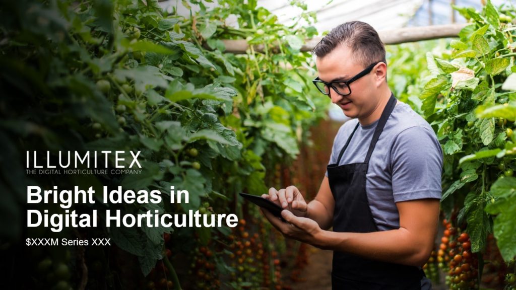 A pitch deck slide with a person wearing glasses and a black apron stands in a greenhouse filled with plants, typing on a tablet. The image contains text: "ILLUMITEX, The Digital Horticulture Company. Bright Ideas in Digital Horticulture. $XXXM Series XXX in partnership with NewHarbor.