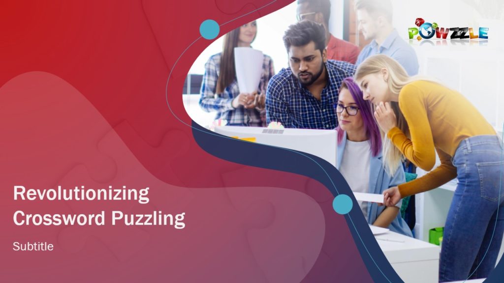 A pitch deck slide with a group of diverse people collaborate around a computer, examining documents together. The title "Revolutionizing Crossword Puzzling" and the word "Powzzle" are displayed on the left side of the image, along with a puzzle piece background and an empty space for a subtitle. This innovative puzzle game brings creativity to life.