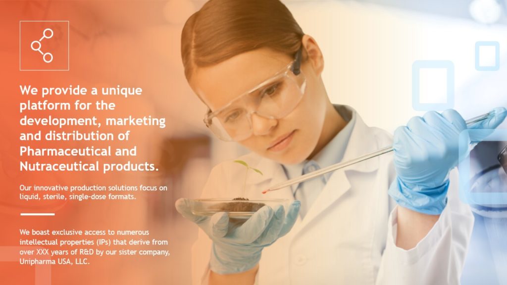 A pitch deck slide with a scientist in a lab coat and safety goggles examines a small plant in a petri dish using tweezers. Text highlights Novathione's expertise in developing, marketing, and distributing Pharma and nutraceutical products, with a focus on innovative solutions and intellectual properties.