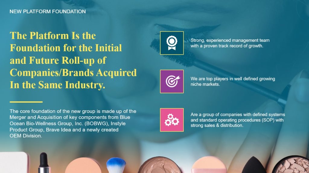 A pitch deck slide with text on a blue and yellow background discussing Instyle's merger and acquisition strategy. Includes bullet points about strong management, niche market involvement, and companies with defined systems and distribution. Brightly colored makeup products are placed at the bottom.