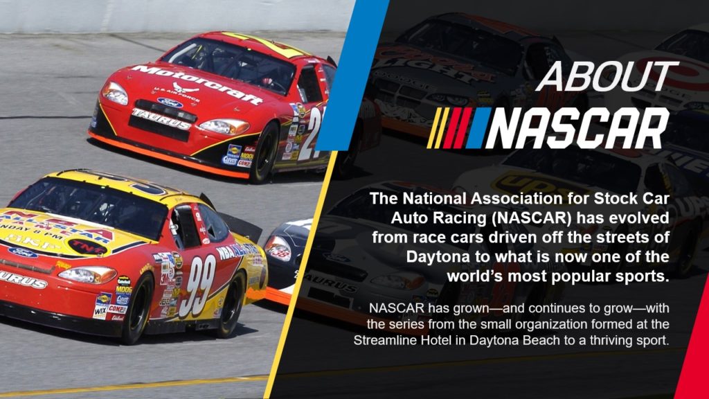 A pitch deck slide of three NASCAR race cars on a track with the text: "ABOUT NASCAR. The National Association for Stock Car Auto Racing (NASCAR) has evolved from street-driven Daytona race cars to one of the most popular motorsports in the world.