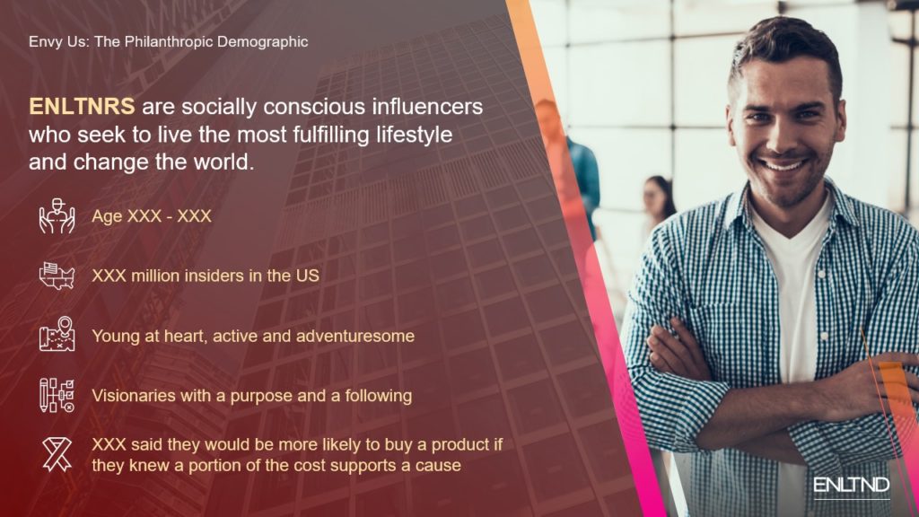 A pitch deck slide with a professionally dressed person stands confidently with arms crossed, smiling at the camera. The background features office settings with more people. Text highlights a demographic called ENLTD, socially conscious influencers with progressive lifestyle goals, formerly known as ENLTNRS.