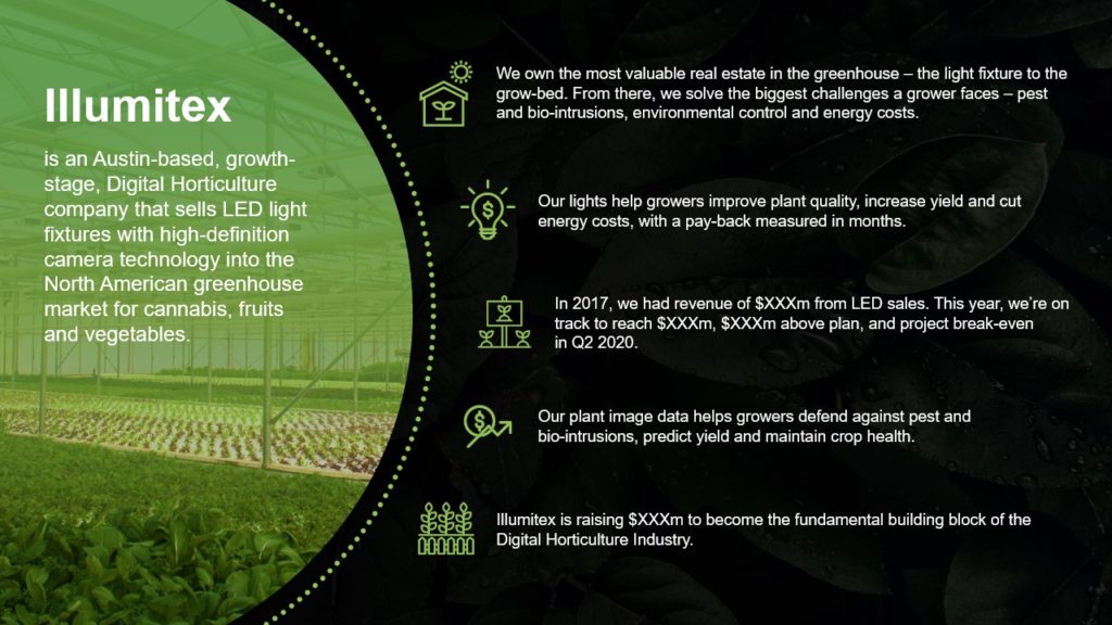 A pitch deck slide with a green background with text detailing Illumitex's mission and achievements in the horticulture industry. Headline reads, "Illumitex: An Austin-based, growth-stage, Digital Horticulture company that sells LED light fixtures." Various icons and text describe their impact. In collaboration with NewHarbor.