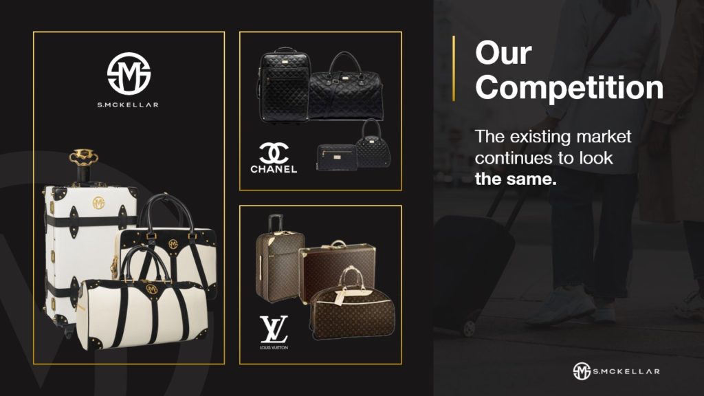 A pitch deck slide showcasing luxury luggage brands, with various bags from Chanel and Louis Vuitton on the right, and S. McKellar luggage on the left. The text reads, "Our Competition. The existing market continues to look the same.