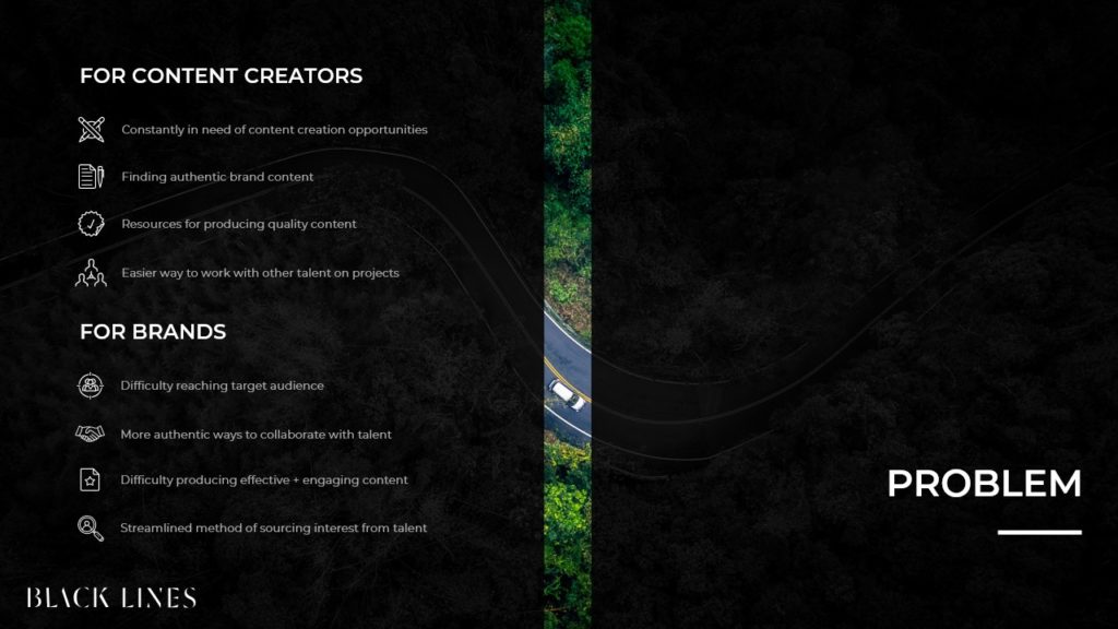 A pitch deck slide titled 'Problem' is divided into two sections: "For Content Creators" and "For Brands." The points highlight various challenges, such as the need for content creation opportunities for creators and audience reach for brands. The solution lies in the concept of a Super Connector to bridge these gaps.