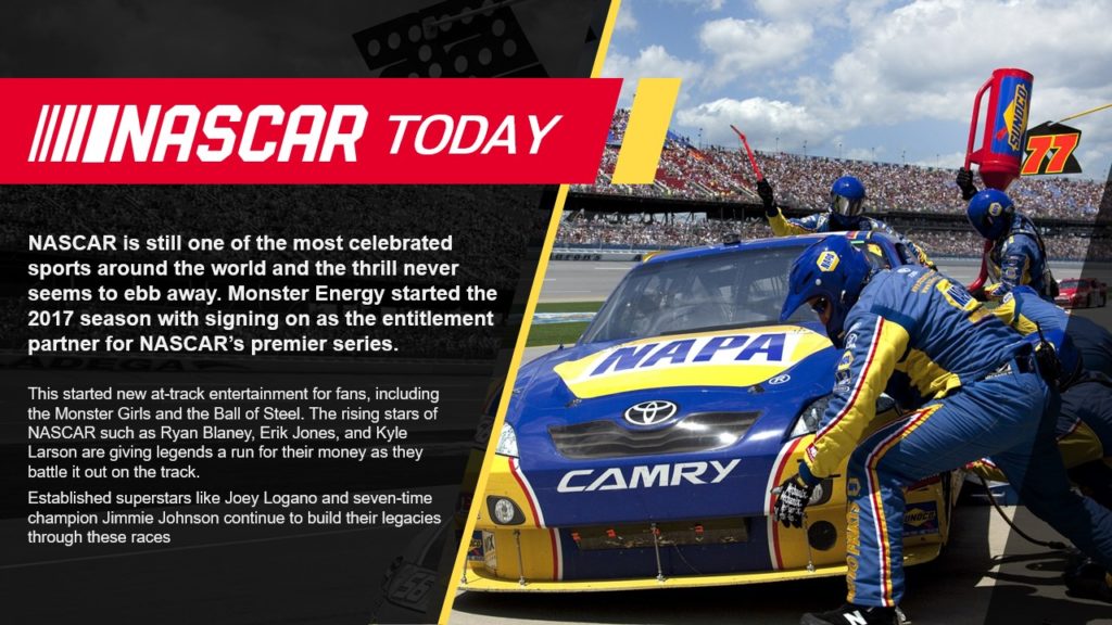 A pitch deck slide for a NASCAR pit crew member wearing a blue and yellow uniform services a NAPA-branded car during a race. Text on the left discusses NASCAR's popularity, mentioning Monster Energy's 2017 sponsorship and featuring drivers like Joey Logano and Jimmie Johnson.