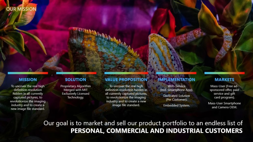 A pitch deck slide with a colorful presentation with a chameleon blending into a vibrant background. The slide, powered by Xsight, features five headings: Mission, Solution, Value Proposition, Implementation, and Market, each with descriptive text. The bottom text states the goal of marketing and selling a product portfolio.