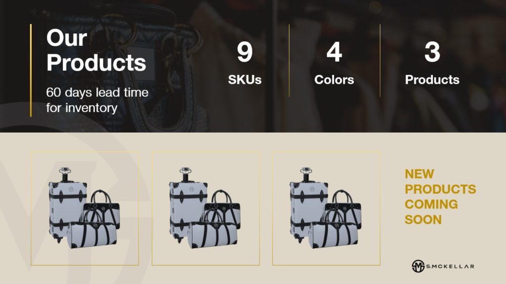 A pitch deck slide showcasing a product announcement. Text reads: "Our Products, 60 days lead time for inventory, 9 SKUs, 4 Colors, 3 Products." Images of three bags are displayed. Additional text states: "New Products Coming Soon." S. McKellar logo is at the bottom.
