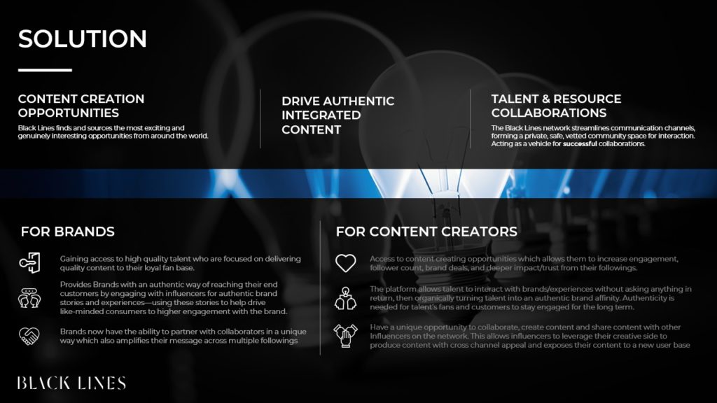 A pitch deck slide titled "Solution" with three main sections: "Content Creation Opportunities," "Drive Authentic Integrated Content," and "Talent & Resource Collaborations." Each section describes benefits for brands and content creators. The background features light bulbs, emphasizing the role of a Super Connector.