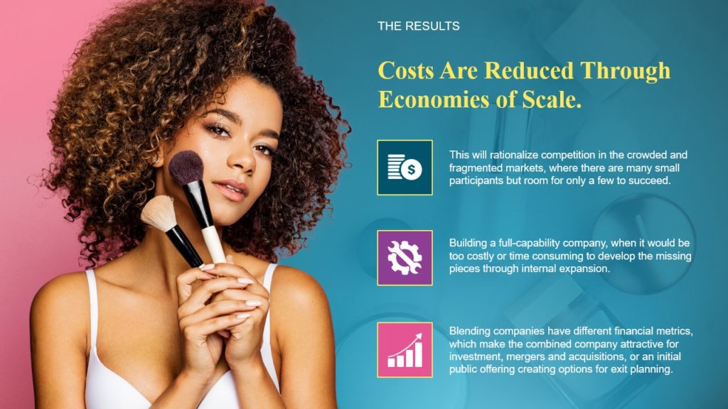 A pitch deck slide with a young woman with curly hair holding makeup brushes, smiling and looking at the camera. Text reads: "The Results: Costs Are Reduced Through Economies of Scale." Accompanying text discusses competition, full-capability company costs, and the benefits of blending companies Instyle.
