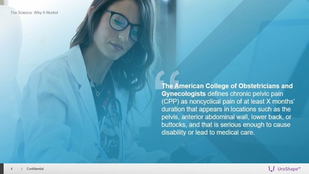 A pitch deck slide with a woman in a white lab coat is focusing intently as she writes notes. A quote on the image reads, "The American College of Obstetricians and Gynecologists defines chronic pelvic pain (CPP) as noncyclical pain of at least X months’ duration that appears in locations such as the pelvis, anterior abdominal wall, lower back, or buttocks, and that is serious enough