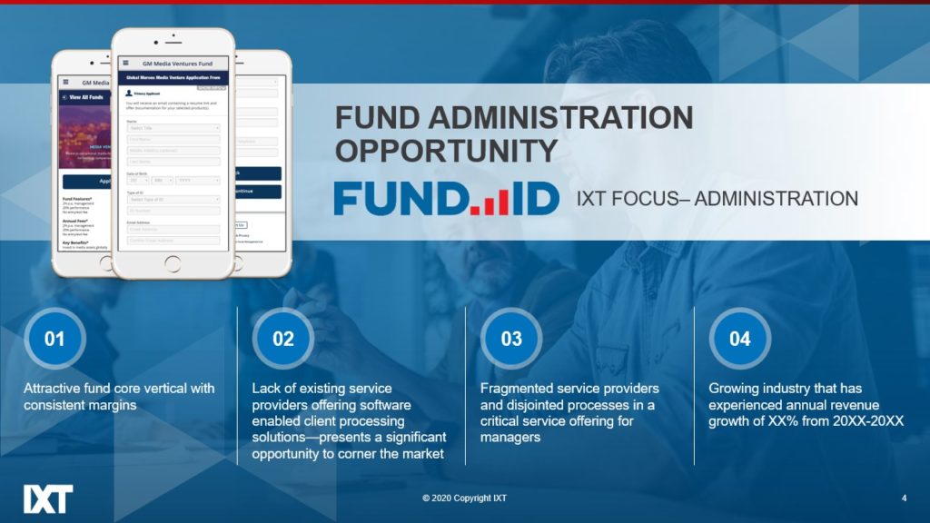 A pitch deck slide titled "Fund Administration Opportunity" with four sections: 1. Attractive fund core vertical with consistent margins. 2. Lack of service providers offering software solutions. 3. Fragmented service providers like Global Merces. 4. Industry with annual revenue growth of XX% from 20XX-20XX.