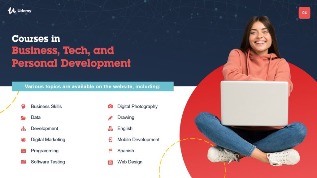 A pitch deck slide with a young woman in a pink hoodie sits cross-legged with a laptop on her lap, smiling. The text reads, "Online Courses in Business, Tech, and Personal Development." Listed topics include Business Skills, Data, Development, Digital Marketing, Programming, and more.