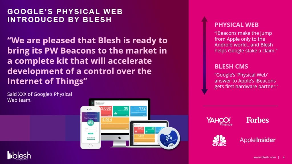 A pitch deck slide for Blesh's introduction of Google's Physical Web. It features a quote from Google's Physical Web team, several device screenshots, and mentions news sources like Yahoo Finance and Forbes. The Blesh and Physical Web logos are prominently displayed.