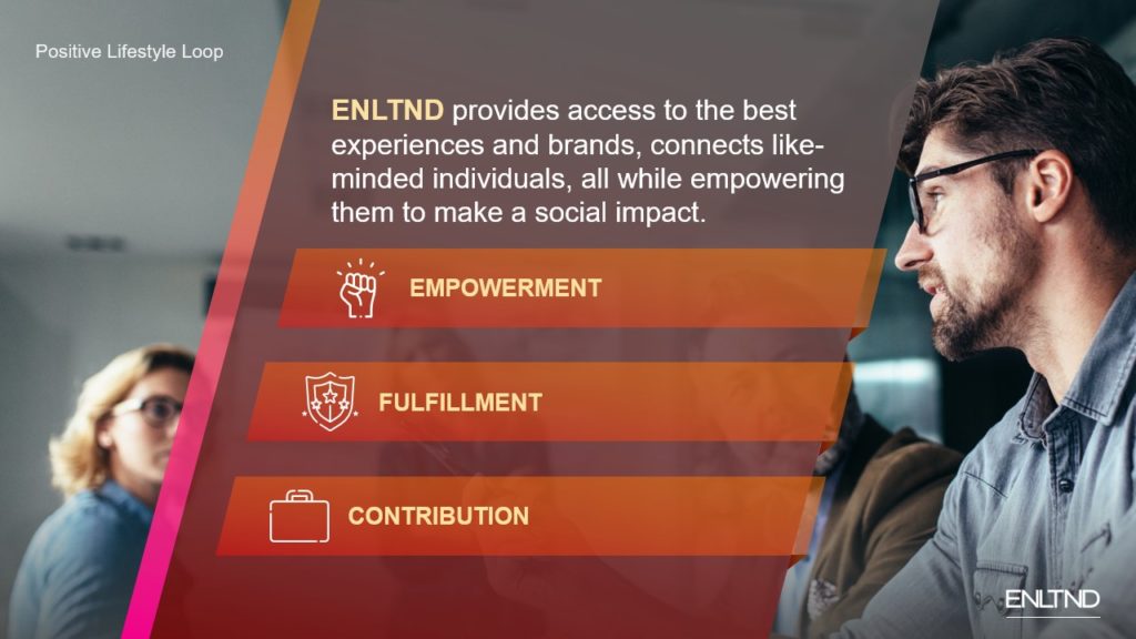 A pitch deck slide featuring a promotional poster for ENLTD. The text states that ENLTD provides access to the best experiences and brands, connects like-minded individuals, and empowers them to make a social impact. Icons for empowerment, fulfillment, and contribution are also shown.