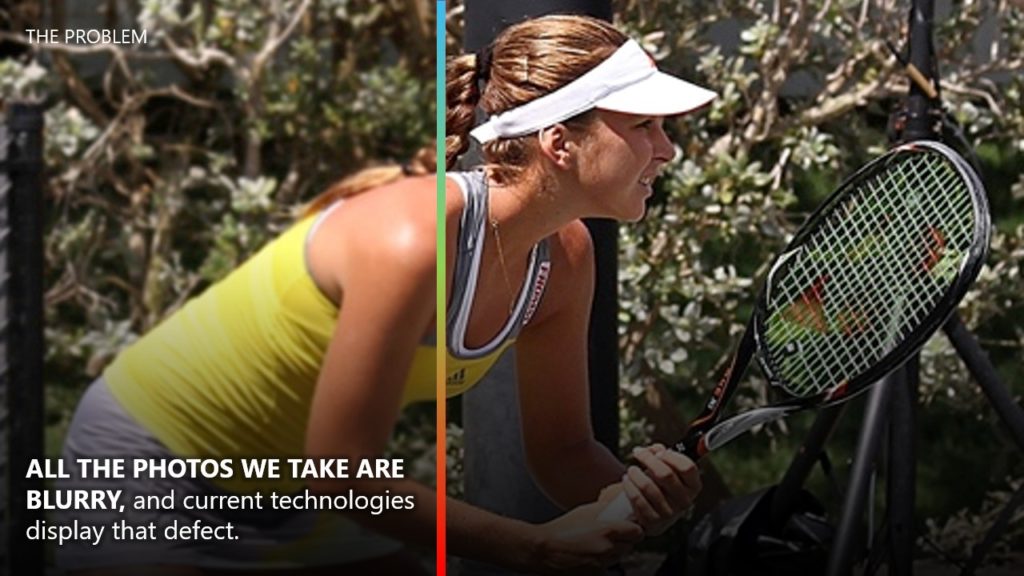A pitch deck slide with a tennis player dressed in a yellow sleeveless top and white visor crouches while gripping a tennis racquet, preparing for a serve. Text overlay reads, "ALL THE PHOTOS WE TAKE ARE BLURRY," but with Xsight, current technologies display them with perfect clarity.