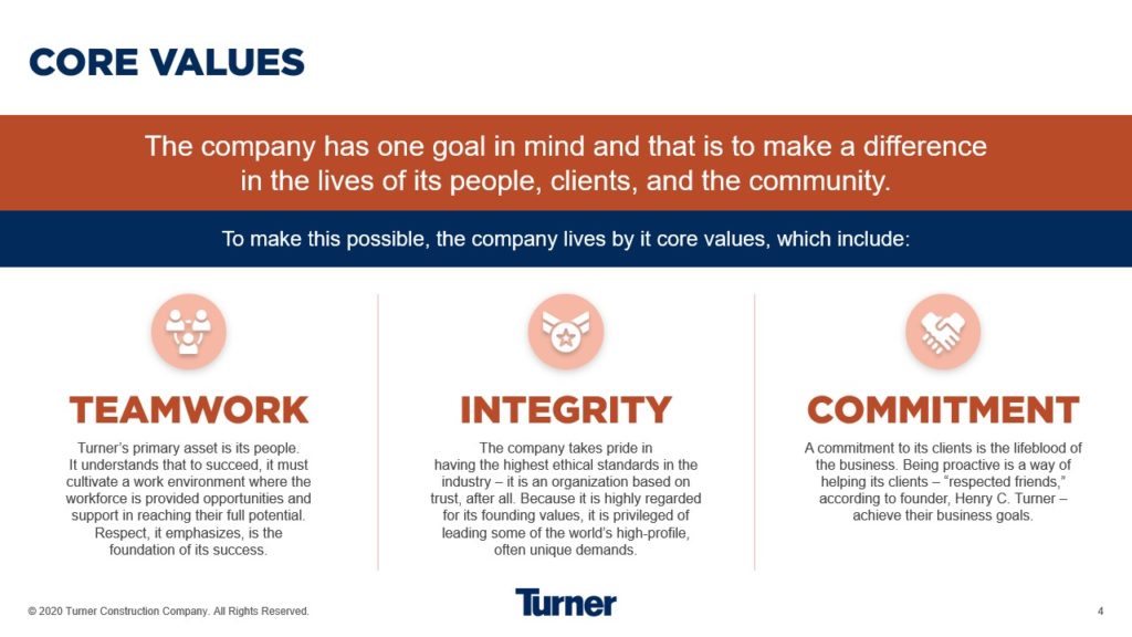 A pitch deck slide titled "Core Values" features a mission statement about improving lives, supported by three core values: Teamwork, Integrity, and Commitment. Each value is detailed with explanations and is visually separated into its respective section with the Turner Construction logo.