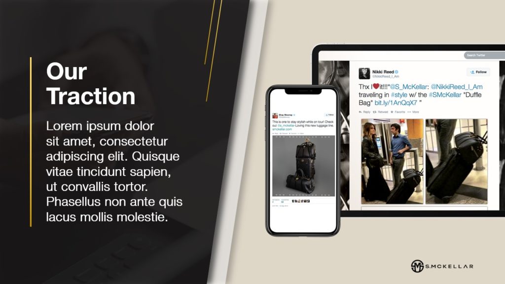 A pitch deck slide titled "Our Traction" features placeholder text on the left and images of a smartphone and a tablet on the right. The devices display social media posts showcasing bags. The S. McKellar logo is at the bottom right corner.