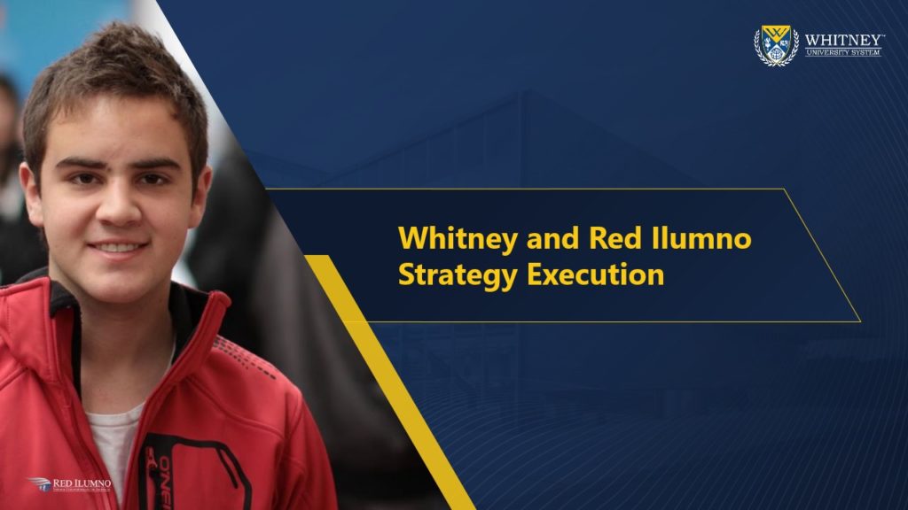 A Pitch Deck slide with a young person in a red jacket is smiling on the left side of the image. To the right, there is a blue and yellow text box that reads "Whitney and Red Ilumno Strategy Execution" with logos featuring shields and crests, reminiscent of Zillow home listings.