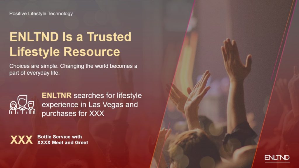 A pitch deck slide shows a promotional slide with the headline "ENLTD Is a Trusted Lifestyle Resource" and emphasizes their services in Las Vegas. The background features a crowd with raised hands. Additional text highlights experiences and bottle service with meet and greet options.