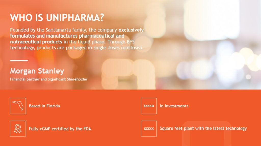 A pitch deck slide titled 'WHO IS UNIPHARMA?' describes the company’s focus on manufacturing pharmaceutical and nutraceutical liquid products using BFS technology. It mentions Morgan Stanley as a financial partner. Highlights include: Based in Florida, fully-cGMP certified by the FDA, and investments depicted. Contains icons for location, certification, and investment. Novathione featured prominently.