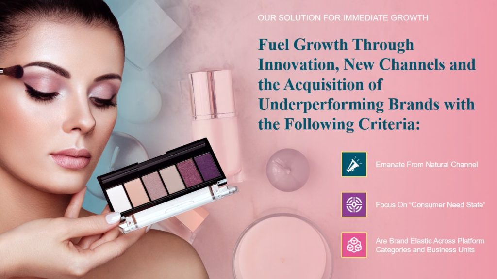 A pitch deck slide with a woman who holds an eyeshadow brush near her face, a palette of vibrant colors in front of her. The text to the right delves into growth strategies through innovation, new channels, and acquiring underperforming brands. The background showcases essential beauty items, embodying fashion-forward lifestyle elements.