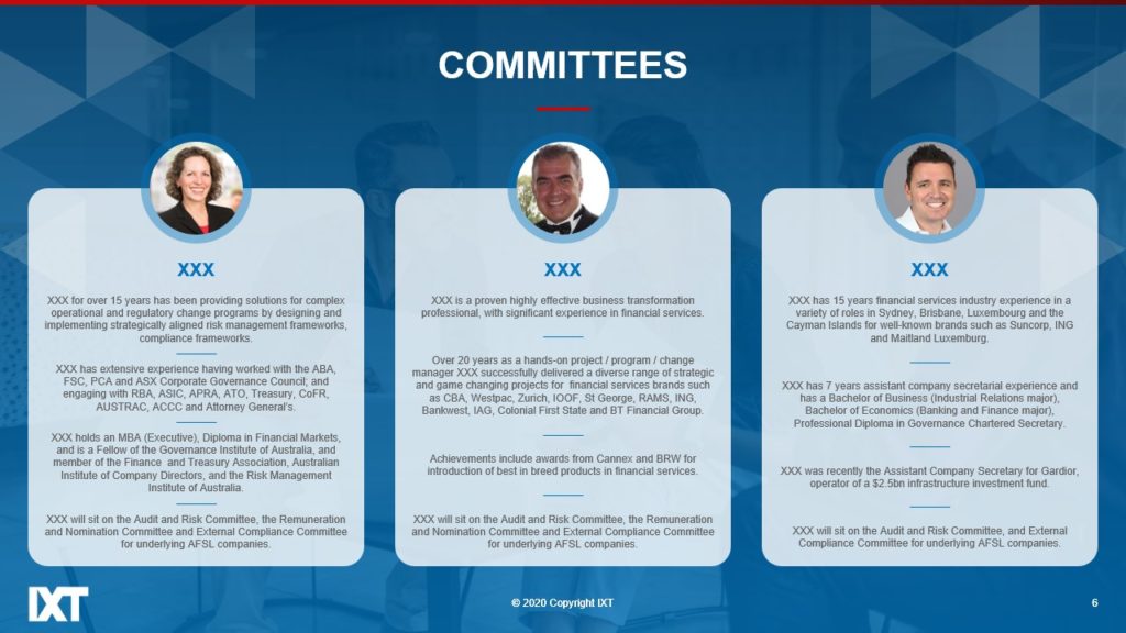 A pitch deck slide titled "COMMITTEES" featuring professional summaries of multiple committee members with headshots, denoted as "XXX." Listed are their global experiences, qualifications, and committee roles in finance and related sectors. The Merces logo appears in the corners.