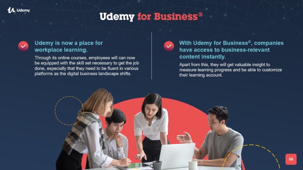 A pitch deck slide promoting Udemy for Business. It shows two groups of people working together, one man standing and writing on a document while three others (two seated and one standing) engage in discussion. The text highlights the benefits of Udemy's platform for workplace learning through its comprehensive e-learning resources.