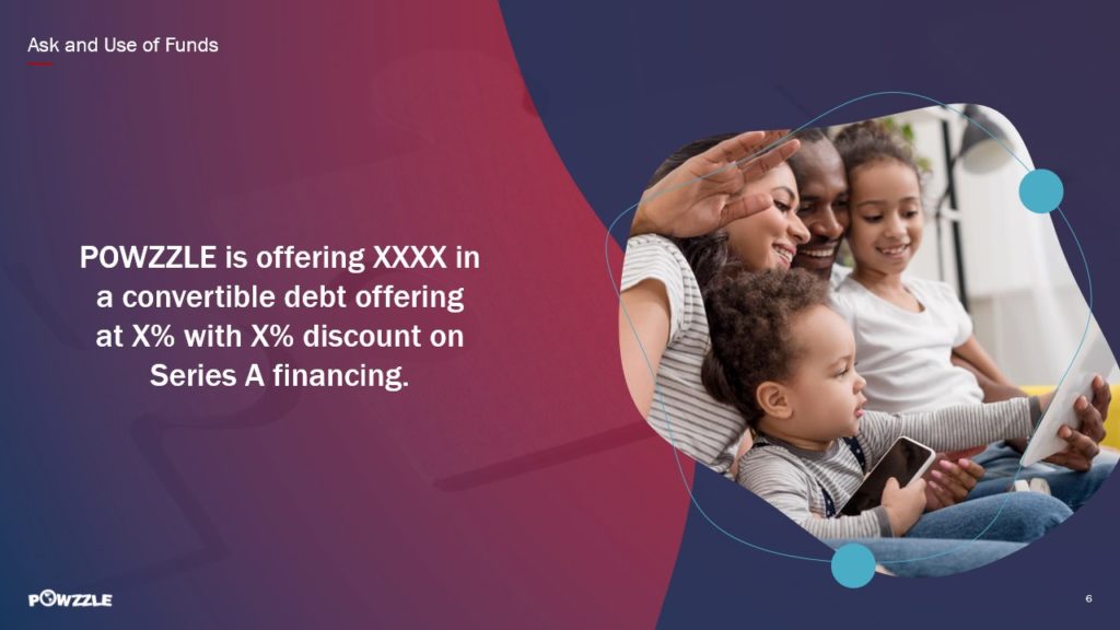 A pitch deck slide with a woman and three children are sitting together on a couch, smiling and looking at a tablet. The slide's text reads, "Powzzle is offering XXXX in a convertible debt offering at X% with X% discount on Series A financing." The background has a purple and red gradient.