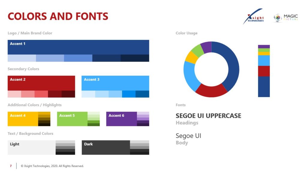 A pitch deck slide showing the color and font guidelines for the Xsight brand. The primary colors include blue (Accent 1), with secondary and additional colors being various shades of blue, green, and yellow. The fonts used are Segoe UI Uppercase for headings and Segoe UI Body for all other text.