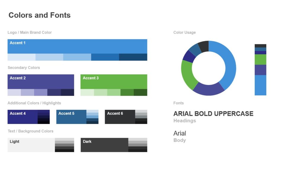 A pitch deck slide for C-Zero LLC showcases a color palette with corresponding font choices. It displays different accent colors, additional colors, and text/background colors. A pie chart shows color usage. The fonts "Arial Bold Uppercase" and "Arial" are specified for headings and body text.