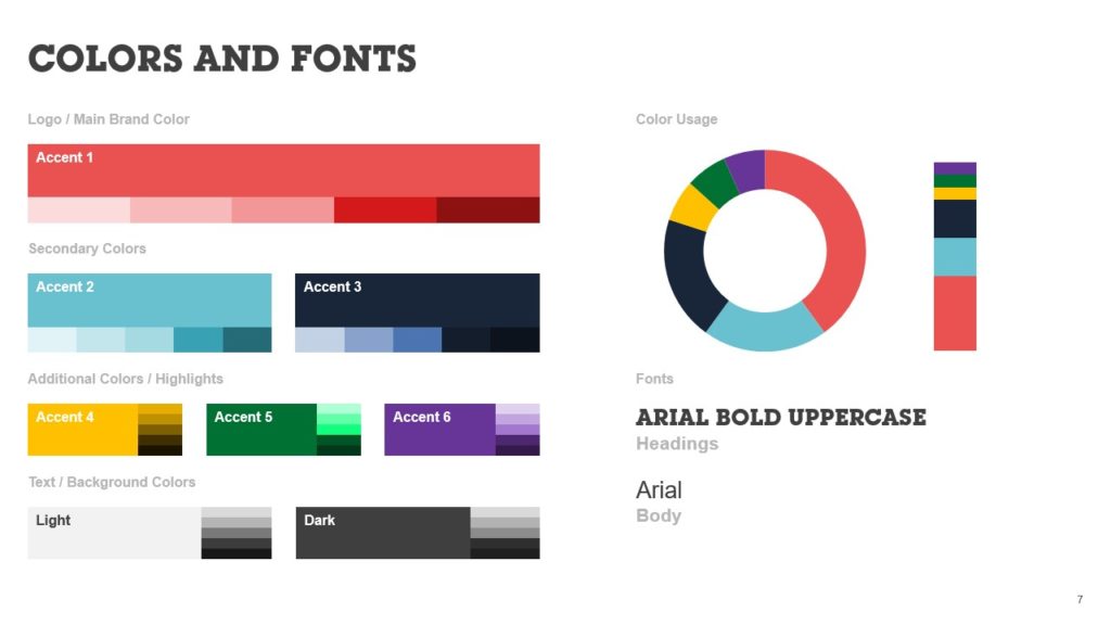 A color and font guide for an educational platform featuring various color accents, a color usage pie chart, and text samples. Accents include shades of red, blue, green, and purple. Fonts are Arial Bold Uppercase for headings and Arial for body text. Light and dark background options are shown.