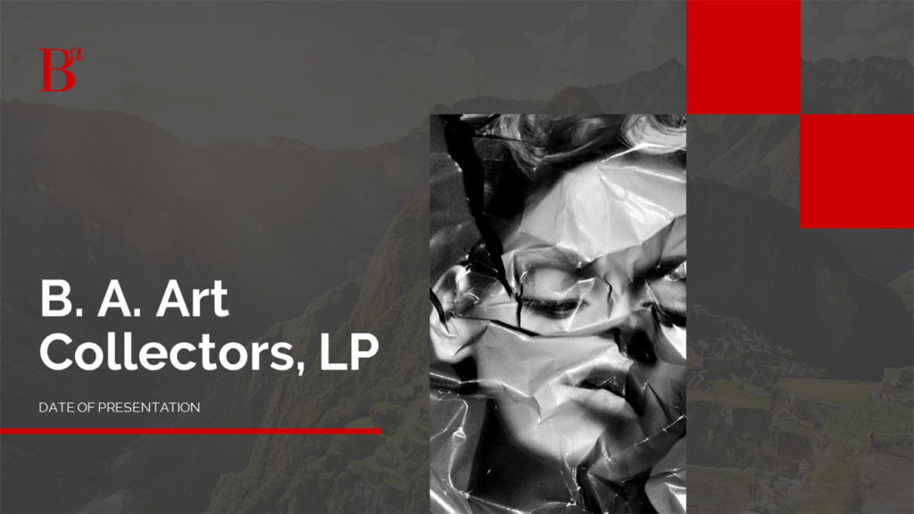 A pitch deck slide featuring a distorted face with a crumpled effect is on the right side, with red geometric shapes above. On the left, text reads "B. A. Art Collectors, LP" and "Date of Presentation." The background shows a mountainous landscape, reminiscent of creative pitch books for art investment opportunities.