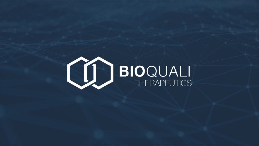 A pitch deck slide presents the logo for BioQuali Therapeutics. It features two interlocking hexagons on a dark blue background with white connecting lines, creating a network-like pattern. The company's name, "Bioquali Therapeutics," is written in white next to the logo.