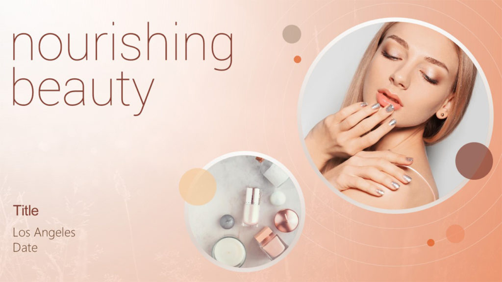 A pitch deck slide for a beauty event titled "Nourishing Beauty." The left side of the image features the event title, "Los Angeles," and the date. On the right are circular images of a woman with polished nails and various beauty products.