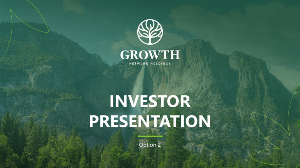A pitch deck slide of a lush, green mountain landscape with a waterfall is overlaid with the logo, text "GROWTH NETWORK HOLDINGS INVESTOR PRESENTATION," and the subtitle "Option 2.