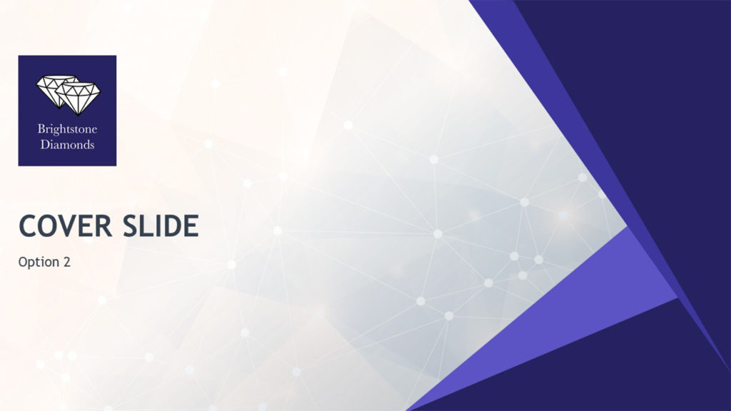 A pitch deck slide titled "Brightstone Diamonds" in the top-left corner with a diamond logo. The slide features a geometric design in shades of white and blue, accompanied by the text "COVER SLIDE" and "Option 2" on the left. The background is adorned with interconnected network lines.