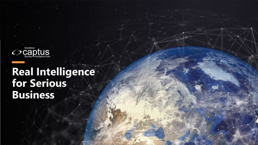A pitch deck slide of Earth with network connections visualized above it. The left side features the Red Mind Captus Cap logo and the text "Real Intelligence for Serious Business" in white, set against a dark background with abstract, interconnected lines.
