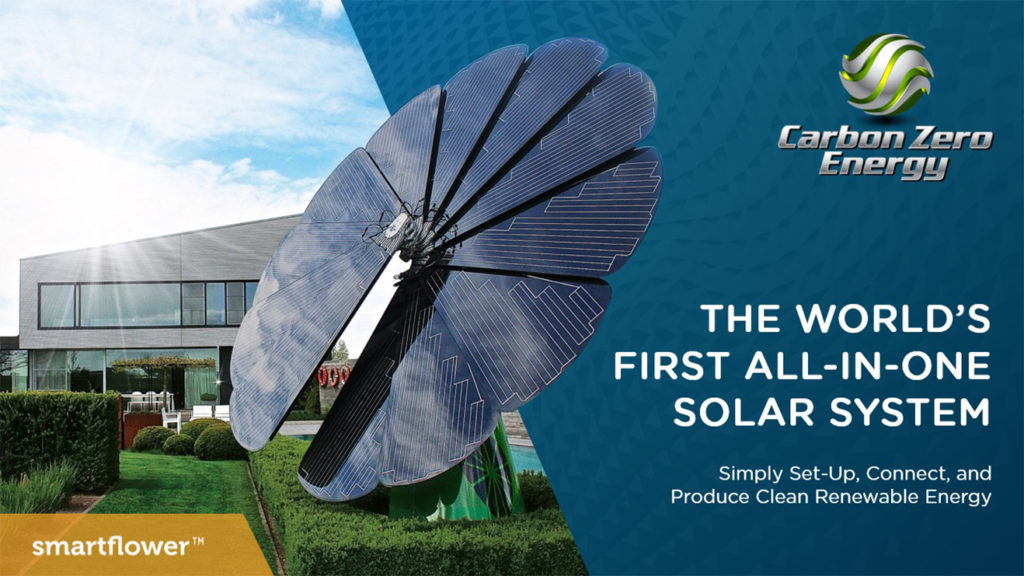 A pitch deck slide for the smartflower solar system by Carbon Zero Energy, featuring a large, flower-like solar panel installation outside a modern building. Text reads, "The world's first all-in-one solar system. Simply set-up, connect, and produce clean renewable energy for a carbon-neutral future.