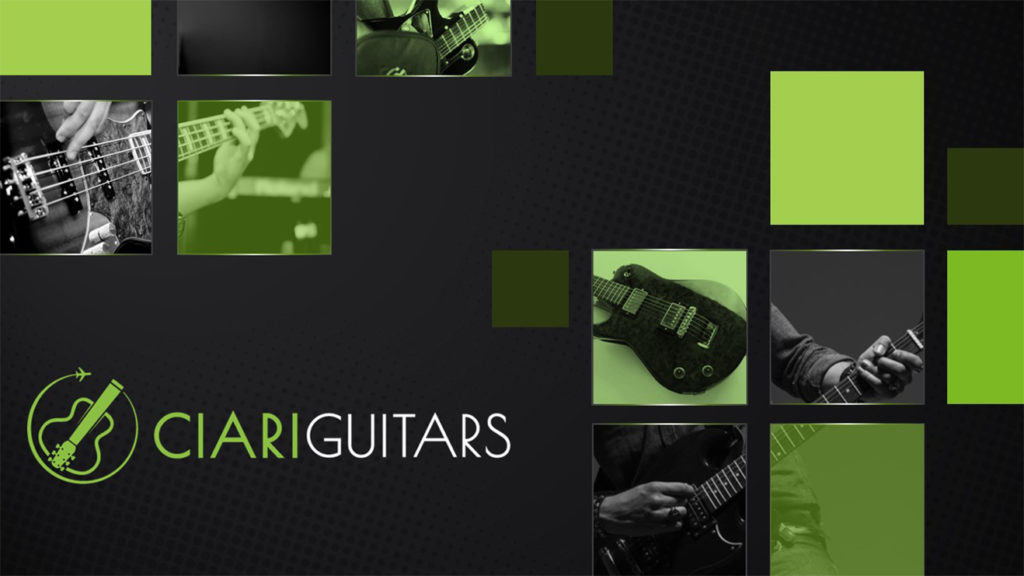 A pitch deck slide with a black and green themed collage featuring images of people playing electric guitars and a close-up of a guitar. The background is dark with scattered green squares, while the text "Ciari Guitars" is prominently displayed on the left side alongside a guitar icon.